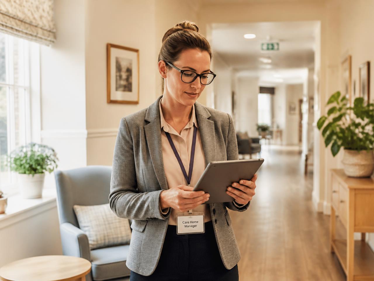 A care home manager checking compliance on a tablet in a calm care home corridor